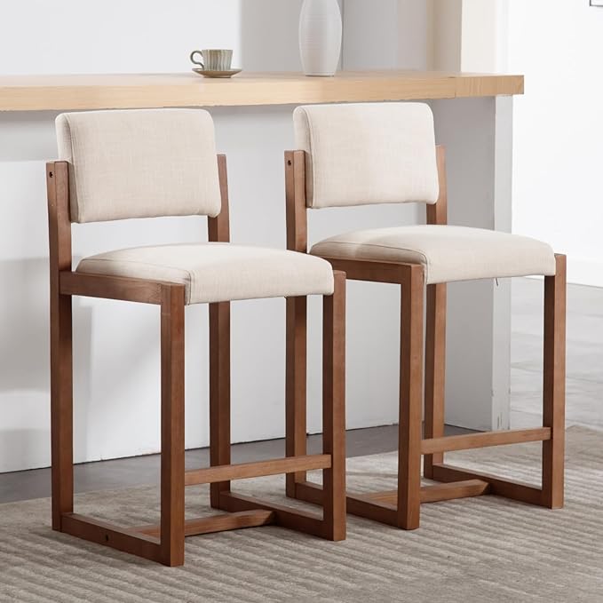 DUOMAY Modern Bar Stools Set of 2, 26" Counter Height Barstools, Linen Upholstered Kitchen Island Chair with Wood Legs for Home Bar Coffee Shop, Beige
