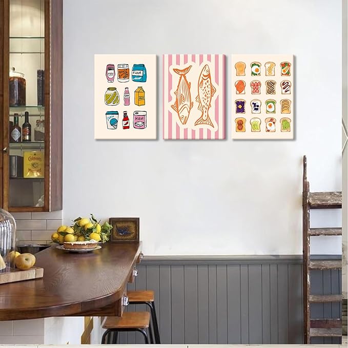 Cute Funny Kitchen Wall Art Set of 3, Fashion Breakfast Food Avocado Toast Canvas Prints Poster, Vintage Simple Sardines Watercolor Picture for Dining Room Kids Room Wall Decor 12x16 Inch Framed