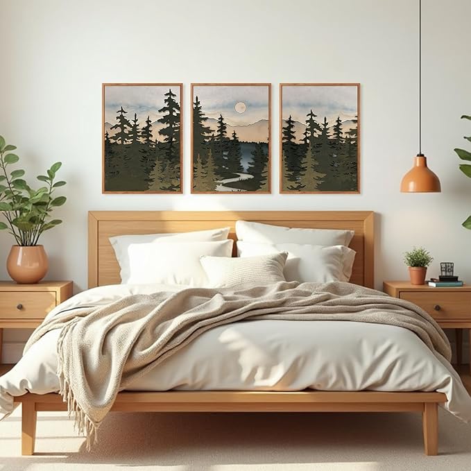 HPNIUB Vintage Mountain Framed Canvas Wall Art Set, Boho Sunrise Art Prints, Forest Nature Wilderness Art Paintings, Abstract Pine Tree Wall Decor for Living Room Bedroom, Office(Set of 3,12X16 Inch)
