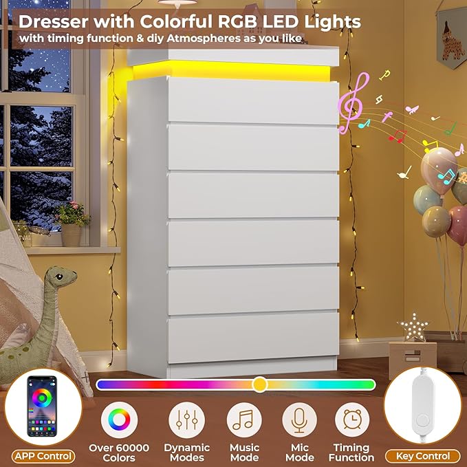 HAUOMS Tall 6 Drawer Dresser with LED Light, White Modern Chest of Drawers for Bedroom,Closet Dressers with Drawers for Living Room, Entryway, Hallway
