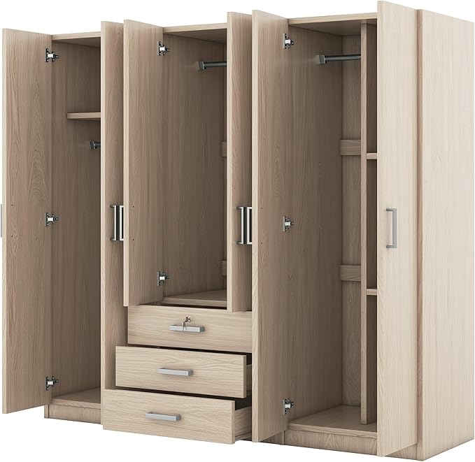 6 Door Armoire Wardrobe Closet with Big 3 Drawers, Wooden Freestanding Bathroom Armoire Cabinet with Shelves and Hanging Rod, Clothes Storage Organizer for Bedroom, Guest Room (Brown)