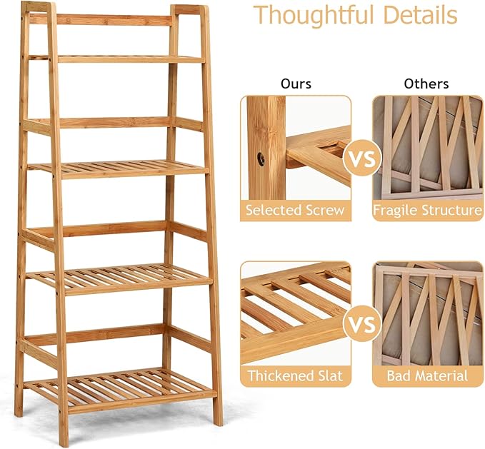 COSTWAY 4-tier Ladder Shelf, Bamboo Plant Stand Rack, Freestanding Bookshelf, Multifunctional Storage Shelves, Flower Stand Rack Holder for Garden, Balcony, Living Room, Bedroom (Natural)