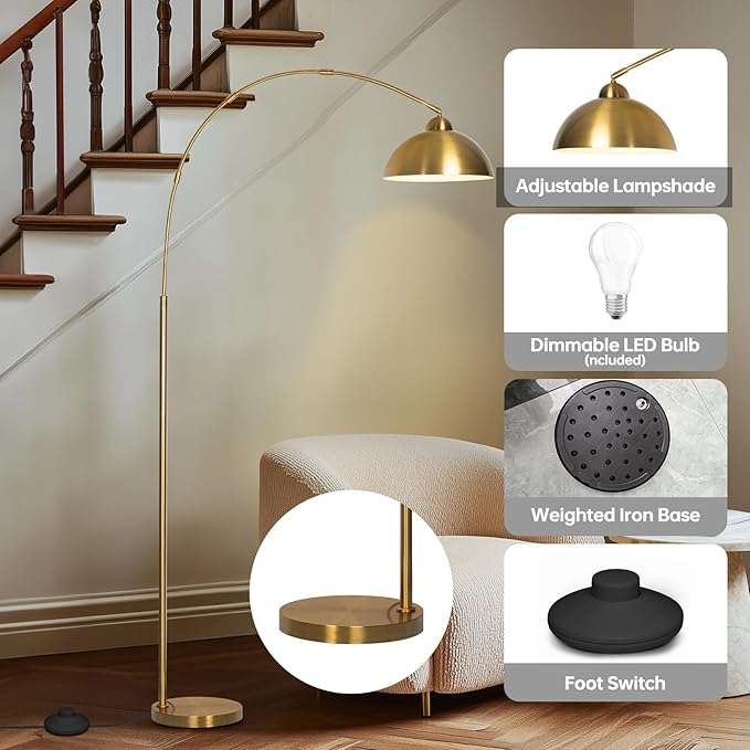 EOEYYOYB Floor Lamp with 3 Light Modes Adjustable– Modern Arc Standing Tall Lamp Dimmable Brightness, Perfect for Living Room, Bedroom, and Office, Gold