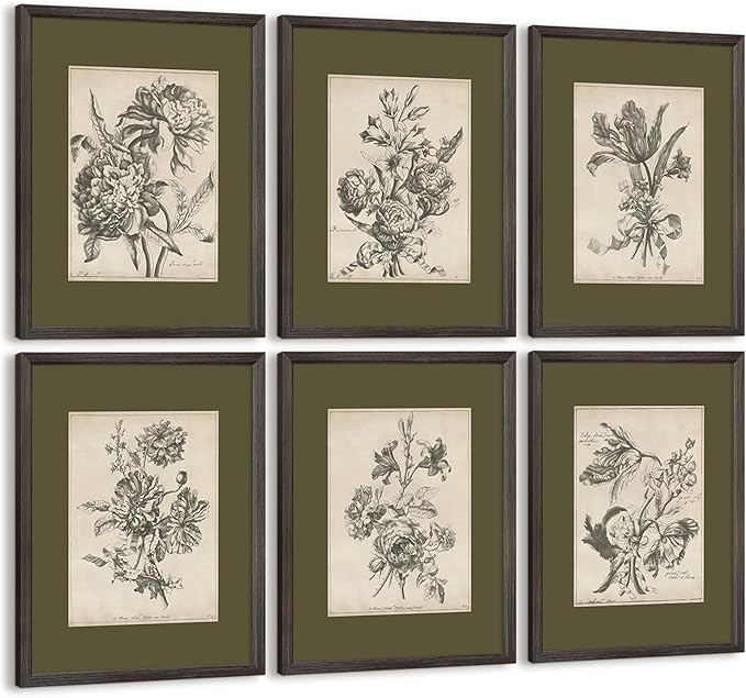 Vintage Floral Wall Art Sketch Flower Prints Antique Botanical Canvas Wall Art Decor Vintage Etchings Floral Poster Green Botanical Painting Sage Green Artwork for Bedroom 8x10x6 Inch Wood Framed