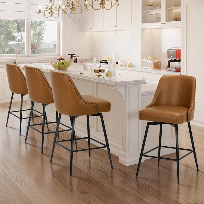 MALOL Bar Stools Set of 4, 26" Swivel Counter Height Chairs with Back,Thick Padded Seat & Footrest,Modern Faux Leather Barstool for Kitchen Island,Pub,Brown