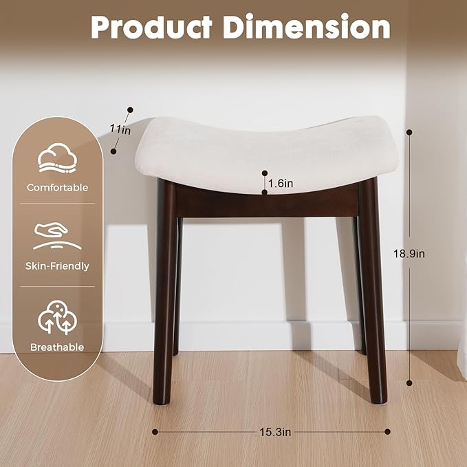 Square Linen Makeup Stool Small Ottoman Stool Chair for Vanity, Modern Padded Seat Foot Rest for Makeup Room, Bathroom (Classic-White)