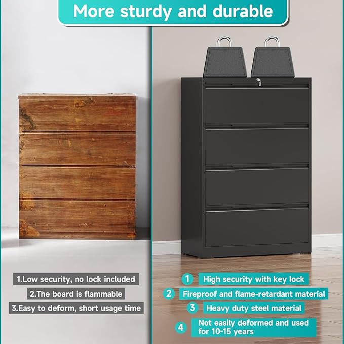 4 Drawer Lateral File Cabinet with Lock, Heavy-Duty Metal Vertical Filing Cabinet for Office, Steel Storage Compatible with Hanging Files Letter/Legal/F4/A4 Sizes, Black