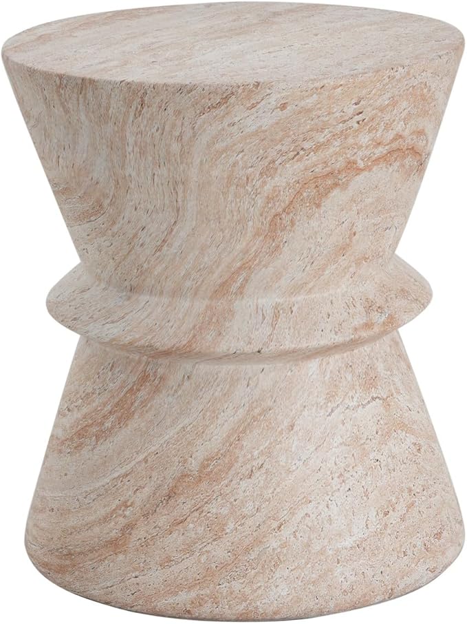 KEVINSPACE Small Side Coffee Table Outdoor MGO Round Travertine Finish Hourglass End Living Room Accent Sofa Bedside Couch Table Bedroom Apartment Indoor 15.5" W x18 H Lightweight Beige Concrete