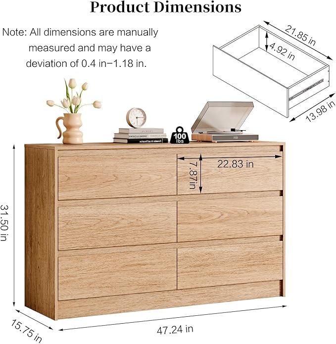 Chrangmay 6 Drawer Dresser,47" Wide Mid Century Chest of Drawers,Wooden Bedroom Drawer Dresser with 6 Storage Drawers for Bedroom,Living Room,with Anti-Tipping Device,Natural