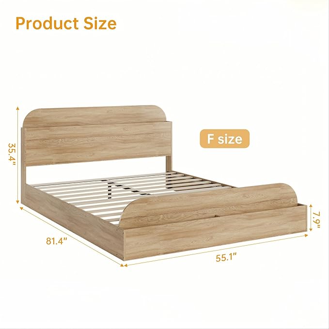 GarveeHome Full Size Bed Frame, Wooden Beds with Storage Headboard and Raised-Foodboard, Full-Floor Low Platform Bed for Bedroom, Sturdy Wooden Slats Support, No Box Spring Needed, Natural
