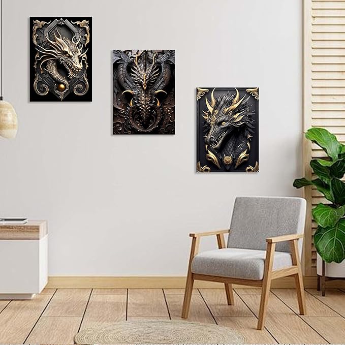 3 Piece Wall Art Framed Canvas Wall Art Modern Abstract Dragon Pictures with Black and Gold Design, Home Decor for Living Room, Bedroom, Office, Gaming Room – Room Decoration with Hooks and Nails, 12x16 Inch
