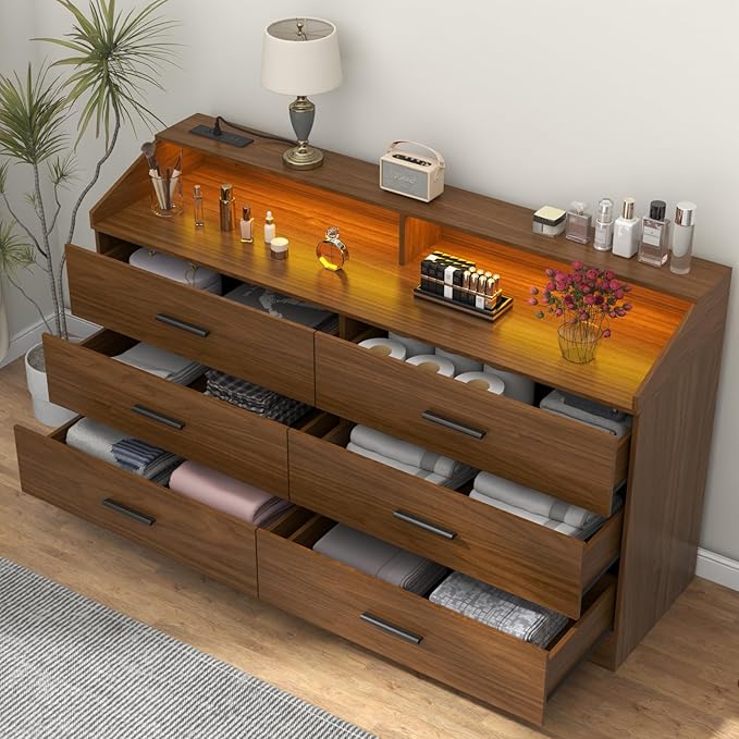 Gyfimoie 6 Drawer Dresser with Power Outlet, Chest of Drawers with LED Light, Modern Dresser with Open Storage Cubby, Double Wide Dressers Organizer for Bedroom, Living Room, Entryway,Hallway