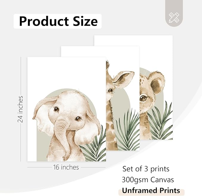 Tocliky Nursery Animal Wall Art Decor Safari Jungle Nursery Pictures Baby Boy Room Canvas Wall Decor Woodland Animals Prints Safari Giraffe Artwork for Boys Kids Bedroom 16x24 Inch Unframed Set of 3
