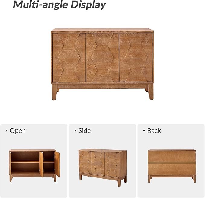 HULALA HOME Modern Kitchen Buffet Cabinet Storage Sideboard with 3D Geometric Design, Freestanding Floor Cabinet with 3 Doors & 2 Adjustable Interior Shelves for Living & Dining Room Hallway, Seadrift