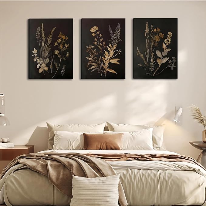 Black Botanical Canvas Wall Art Set of 3 Vintage Floral Art Moody Flower Wall Decor Dark Academia Poster Painting Prints Pictures for Bedroom Living Room 16x24 Inch Framed