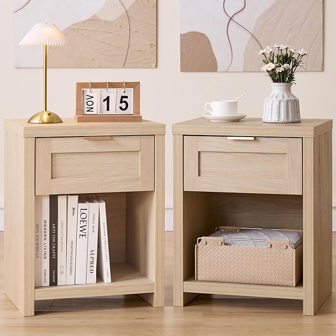 Walsham Natural Nightstand Set of 2 Boho Bedside Tables with Drawer and Storage Shelf Farmhouse Side End Tables for Bedroom Sofa, (Light Weathered Oak, 2 Set)