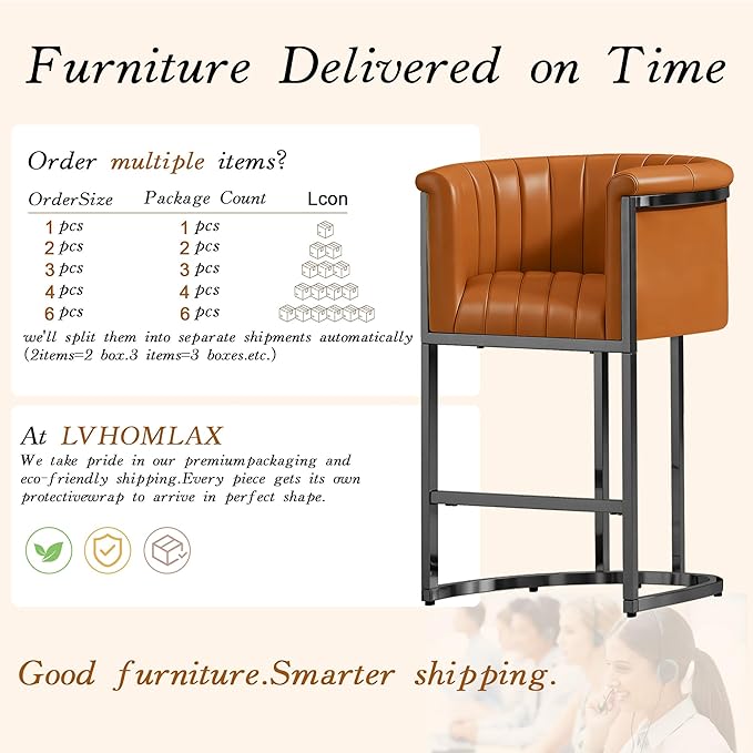 26" Modern Counter Height Bar Stools,Accent Barstools with Arms,Kitchen Island Chairs,PU Leather Upholstered Barrel Bar stools with Backs,Metal Black Frames,Camel Brown Leather