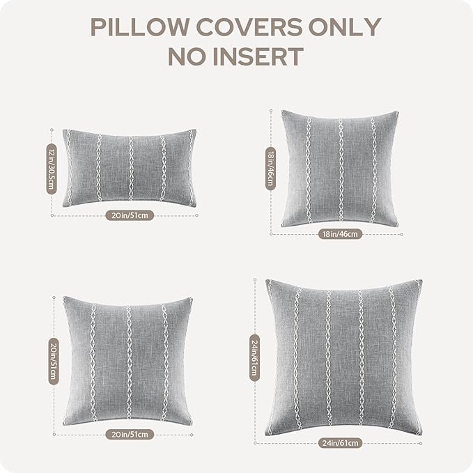 HOMEIDEAS Decorative Striped Throw Pillow Covers 18x18 Set of 2, Grey Farmhouse Pillow Covers, Neutral Faux Linen Cushion Covers for Couch Sofa Bed Home Decor
