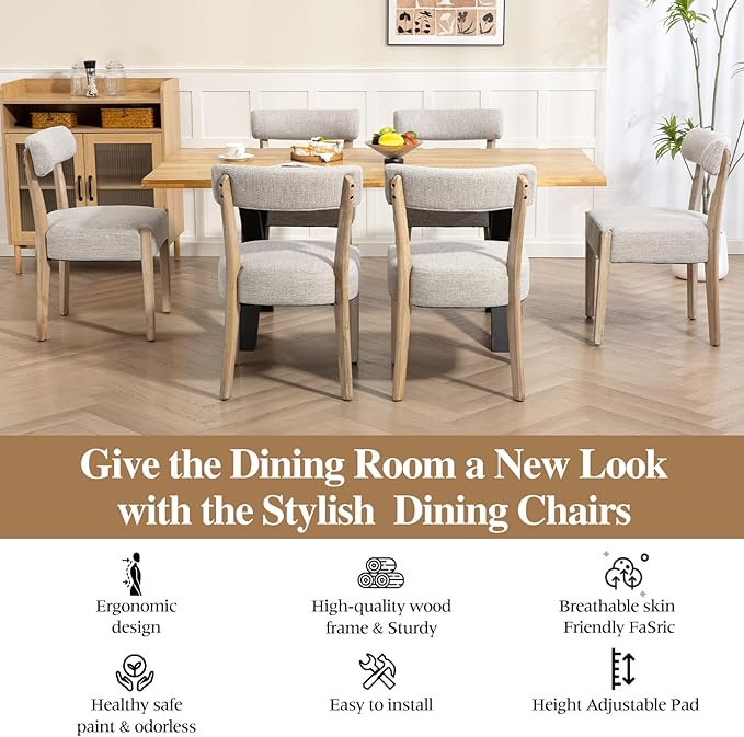ZJhome Dining Chairs,8 Pack Mid-Century Modern Wooden Kitchen Chairs with Linen Upholstery - Low-Back Woven Design for Kitchen & Dining Room,Oatmeal Fabric