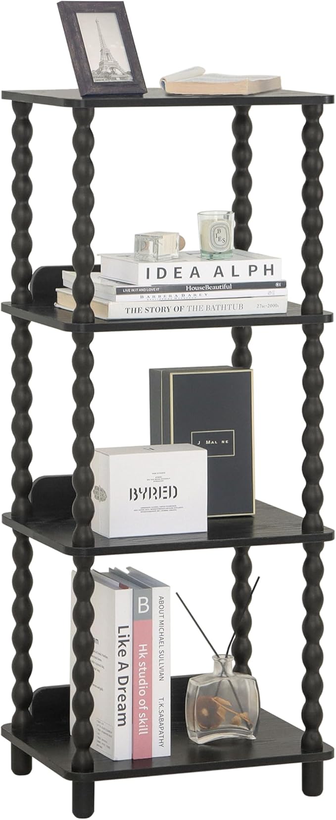 Fultyle Book Shelf, 4-Tier Bookshelf with Storage, Small Bookcase Display Shelves with Solid Wood Legs for Bedroom, Living Room, Office and Small Spaces (Black)