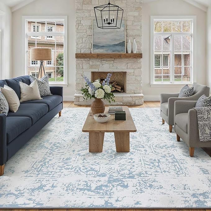 8x10 Fluffy Area Rug Blue Shag Neutral Carpet for Living Room Soft Medium Pile Floral Large Rug for Bedroom Dorm Office Dining Room Kitchen Nursery Modern Decor