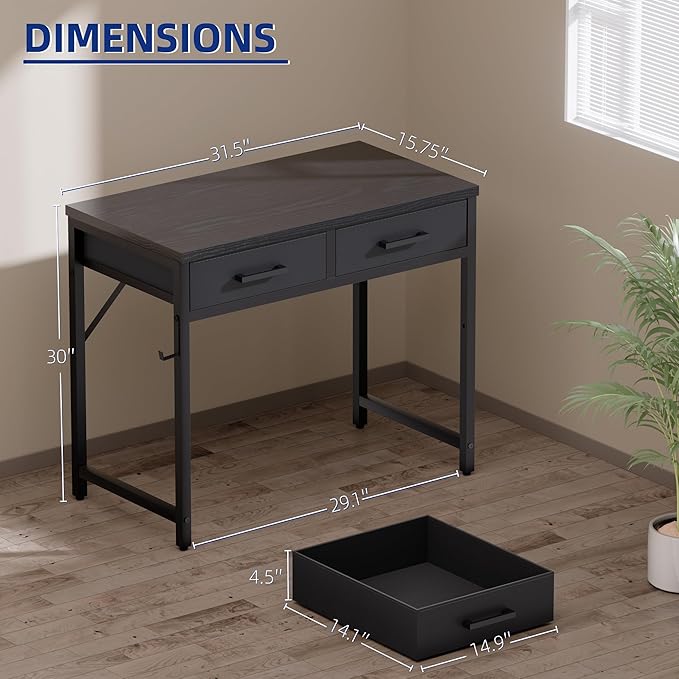 Pamray 32 Inch Small Computer Desk with 2 Drawers for Bedroom Study Writing Home Office Table for Small Spaces White