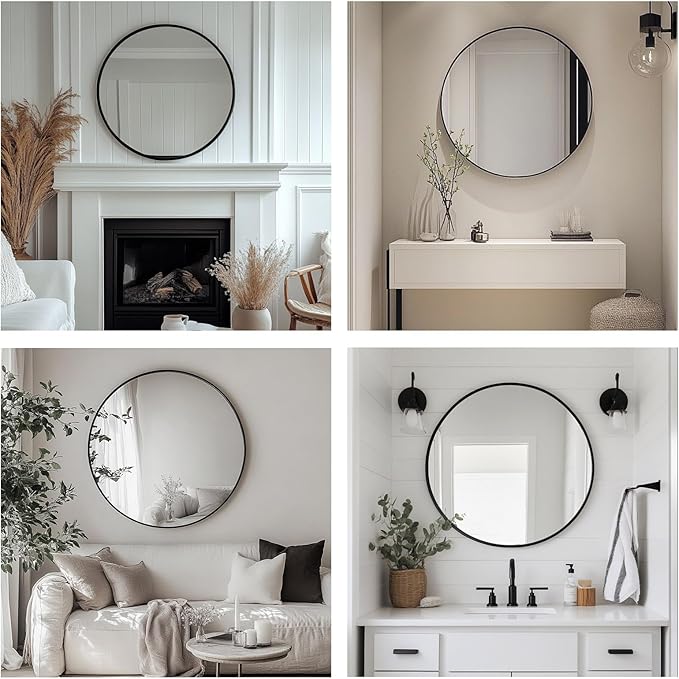 Oruii Round Mirror, Black Round Mirror 22 inch, Circle Wall Mounted Mirrors for Bathroom, Living Room, Bedroom, Vanity, Entryway, Hallway, Over Sink