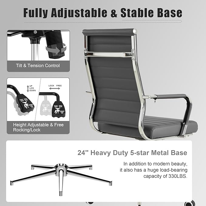 Okeysen Grey Office Desk Chair, Ergonomic Leather Modern Conference Room Chairs, Executive Ribbed Height Adjustable Swivel Rolling Chair for Home Office.