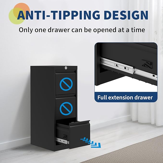 GarveeHome 3-Drawer Metal File Cabinet with Lock, Heavy Duty Filing Cabinet for Letter/Legal/A4/F4 Documents – Vertical Storage Organizer for Home Office, Black