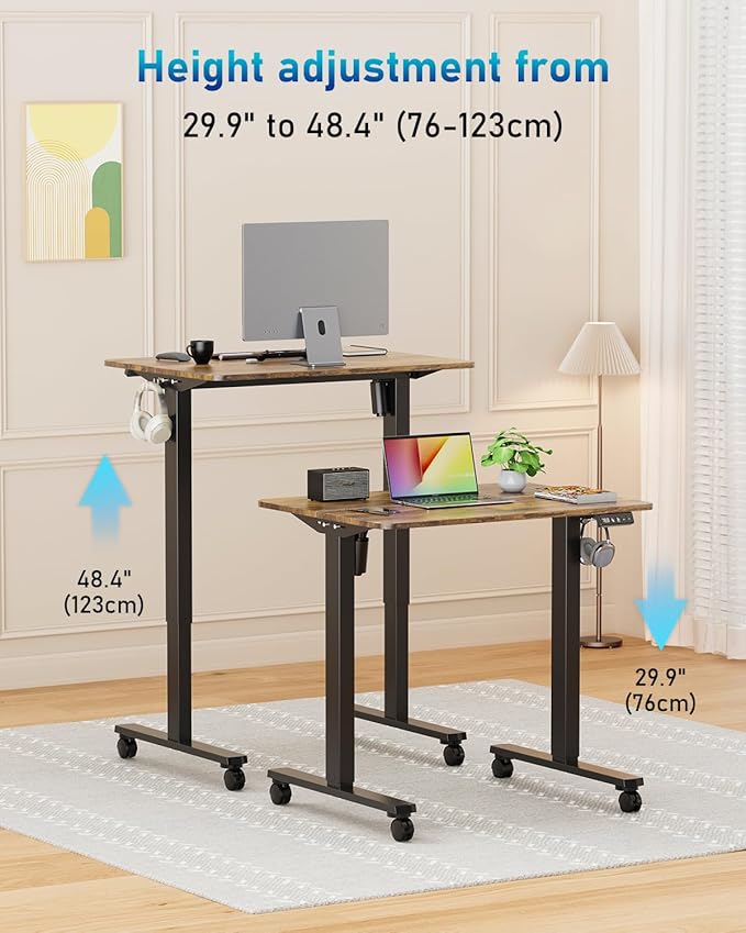 32" Small Electric Rolling Standing Desk Adjustable Height, Mobile Sit Stand up Desk with Lockable Casters for Home Office & Computer Workstation, Splice Board, 2 Hooks, Black Frame/Rustic Brown Top