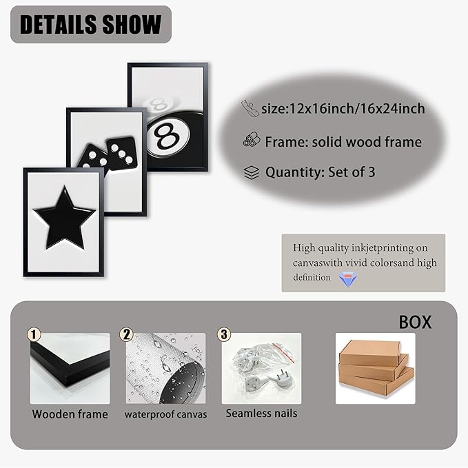 Black And White Wall Art Set of 3, Vintage Y2k Dice 8 Ball Canvas Prints Painting, Funky Lucky Preppy Posters Pictures For Game Room Apartment Dorm Teenager Room Wall Decor 16x24 Inch Framed