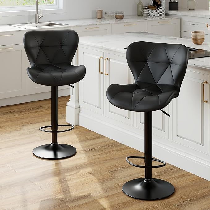 Sweetcrispy Modern Bar Stools Set of 2, Adjustable Faux Leather Upholstered Swivel Bar Stools, Counter Height Bar Chairs with Back for Kitchen Island, Black