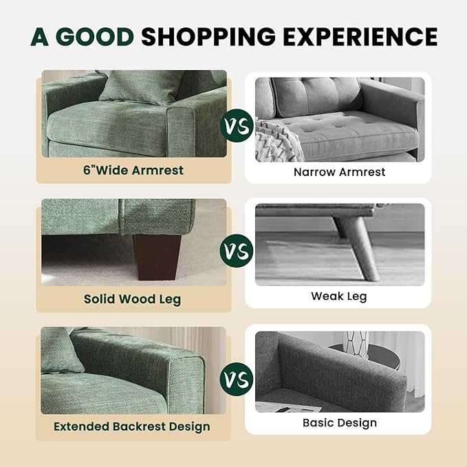 DOPEDIO Modern Living Room Sofa Set, 71.25" Chenille Loveseat with 2 Accent Chairs, Removable Covers, Spring Cushions, Solid Wood Frame, Easy Assembly（71.25inch+2 Single,Green）