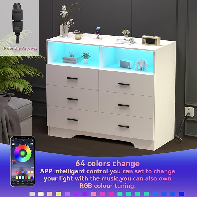 FJTJBSI Dresser with Power Outlets and LED Lights Wooden 6 Drawer Dresser with Large Organizer Tall White Drawer for Bedroom Modern Chest of Drawers Closet for Living Room Kids Room
