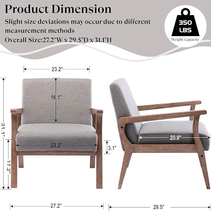 BESTANO Mid Century Modern Accent Chair, Linen Upholstered Living Room Armchair with Wood Frame, Farmhouse Chair for Living Room Bedroom, Gray