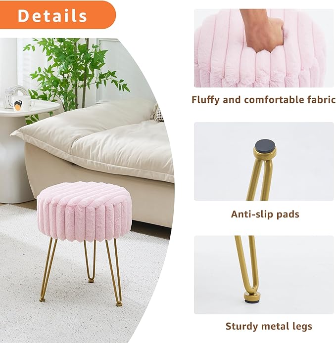 Vanity Stool,Faux Fur Ottoman Foot Stool, Dressing Table Seat with Metal Leg Vanity Chair for Bedroom, Living Room, Entryway, Offices