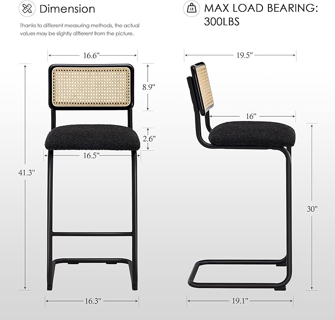 Zesthouse Rattan Bar Stools Set of 4, 30'' Upholstered Boucle Fabric Barstools with Wooden Back & Natural Cane Mesh, Mid Century Modern Bar Height Chairs with Chrome Base for Kitchen, Black Barstools