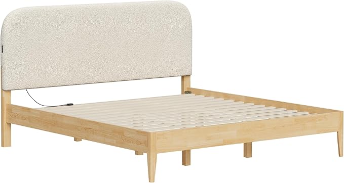 KISLOT Wood Bed Frame with USB & Type-C Charging, Boucle Platform Bed with Upholstered Headboard Mattress Foundation No Box Spring Needed Easy Assembly