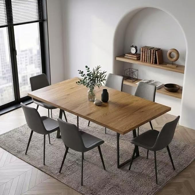 ZckyCine Extendable Dining Table Set 47"-63", Rustic Wood Table with 6 PU Leather Chairs, Modern Scandinavian Dining Room Furniture for Kitchen Apartment