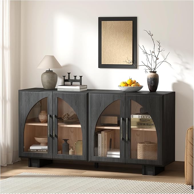 JOINICE Sideboard Buffet Cabinet with Storage,63” Modern Accent Console Cabinet with Glass Doors,Arched Credenza Storage Cabinet with Adjustable Shelves for Entryway,Kitchen,Black