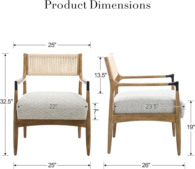 Ya-Home Mid-Century Modern Accent Chairs with Woven Rope Back, Upholstered Linen Fabric Armchairs with Solid Wood Frame for Living Room Bedroom, 2PCS, Patterned