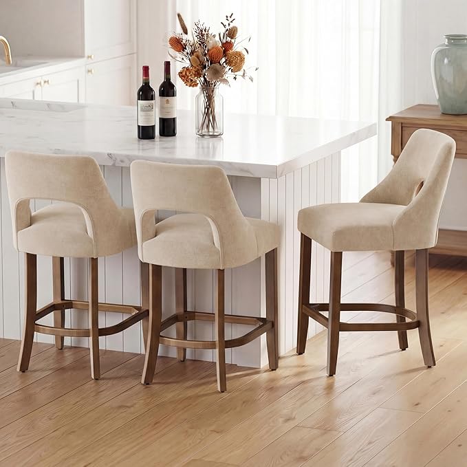 UVV Bar Stools Set of 6, Upholstered Counter Height Bar Stools, Modern Counter Stools with Wood Legs for Kitchen Island Dining Room Bar, Beige