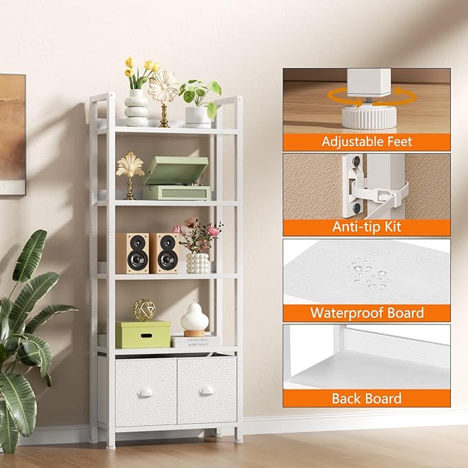 Furologee 5 Tier Bookshelf with Drawers, White Tall Bookcase with Shelves, Wood and Metal Bookshelves Storage Organizer, Modern Display Free Standing Shelf Unit for Bedroom, Living Room, Office