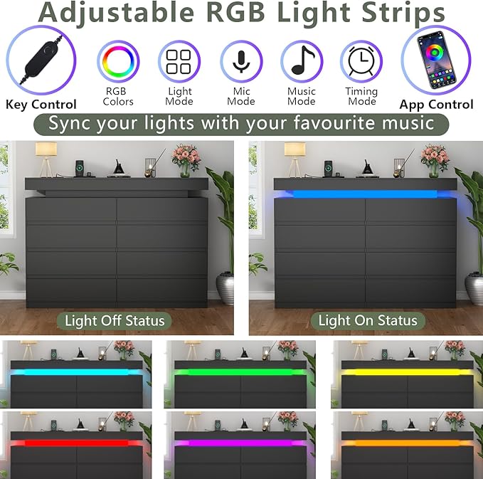 Gyfimoie 8 Drawer Dresser with Power Outlet, Dresser with LED Light, Modern Chest of Drawers for Closet, Double Wide Drawer Organizer Cabinet for Bedroom, Living Room (Black, 8 Drawers)