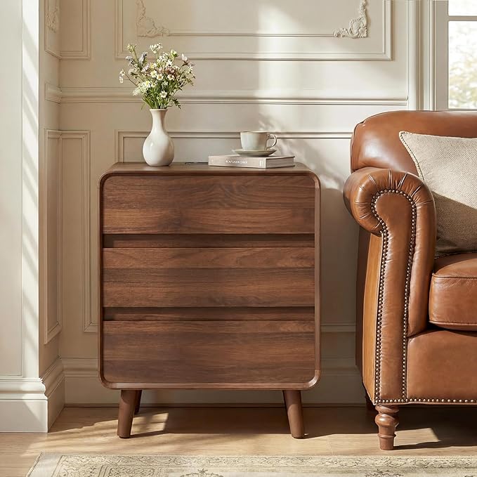 Nasonet 27.7 Inch Tall Night Stands with Charger Station, Mid-Century Modern Large Bedside Table with Outlets, Wide Wood End Table for Bedroom, Walnut