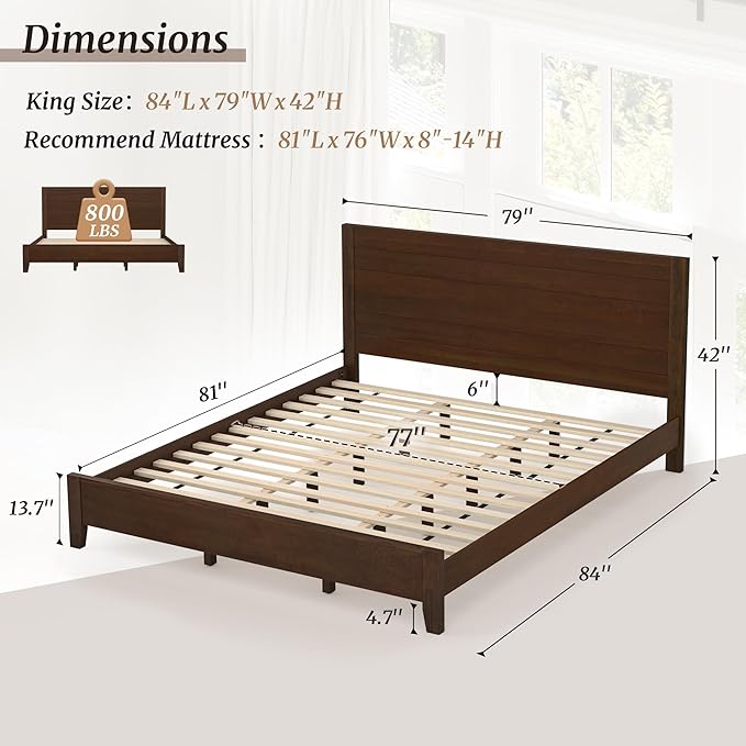 Cozyman King Bed Frame and Headboard, 100% Solid Acacia Wood Platform, 800lb Heavy Duty Support with 10 Reinforced Legs, Noise-Free No Box Spring Needed, Low-Profile Design, Walnut