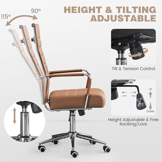 Office Desk Chair,Conference Room Chairs with Wheels and Arms, Modern PU Leather Ergonomic High Back Executive Ribbed Height Adjustable Swivel Chair for Home Office (Brown)