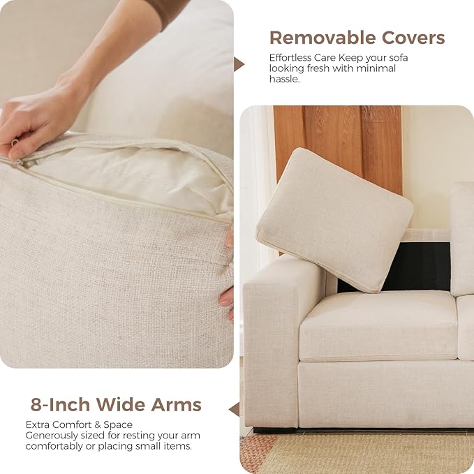ELUCHANG 85" Modern Couches for Living Room, Natural Linen 3 Seat Sofa, Comfy Deep Seat Sofa, Spring Cushions, Removable Cover, Solid Wood Frame, Easy Assembly Loveseat for Small Space,Apartment,Beige | Breathable material, Easy to Assemble, Removable ...