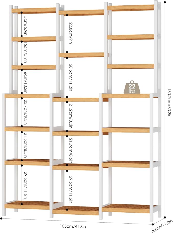 FOTOSOK Bamboo Shelf, 7 Tier Plant Stand Indoor, 3 Row Ladder Shelf, Bookshelf and Bookcase, Corner Display Stand with Adjustable, Flower Stand for Living Room Balcony Kitchen, White and Natural