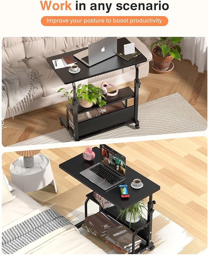 QZMDSM Portable Rolling Desk on Wheels Adjustable Height Desks for Small Spaces, 32" Computer Desk with Storage Shelves for Home Office Black